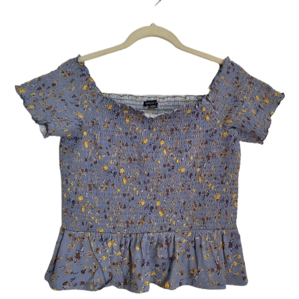 American Eagle Top L Large Blue Floral Peplum Smocked Off The Shoulder